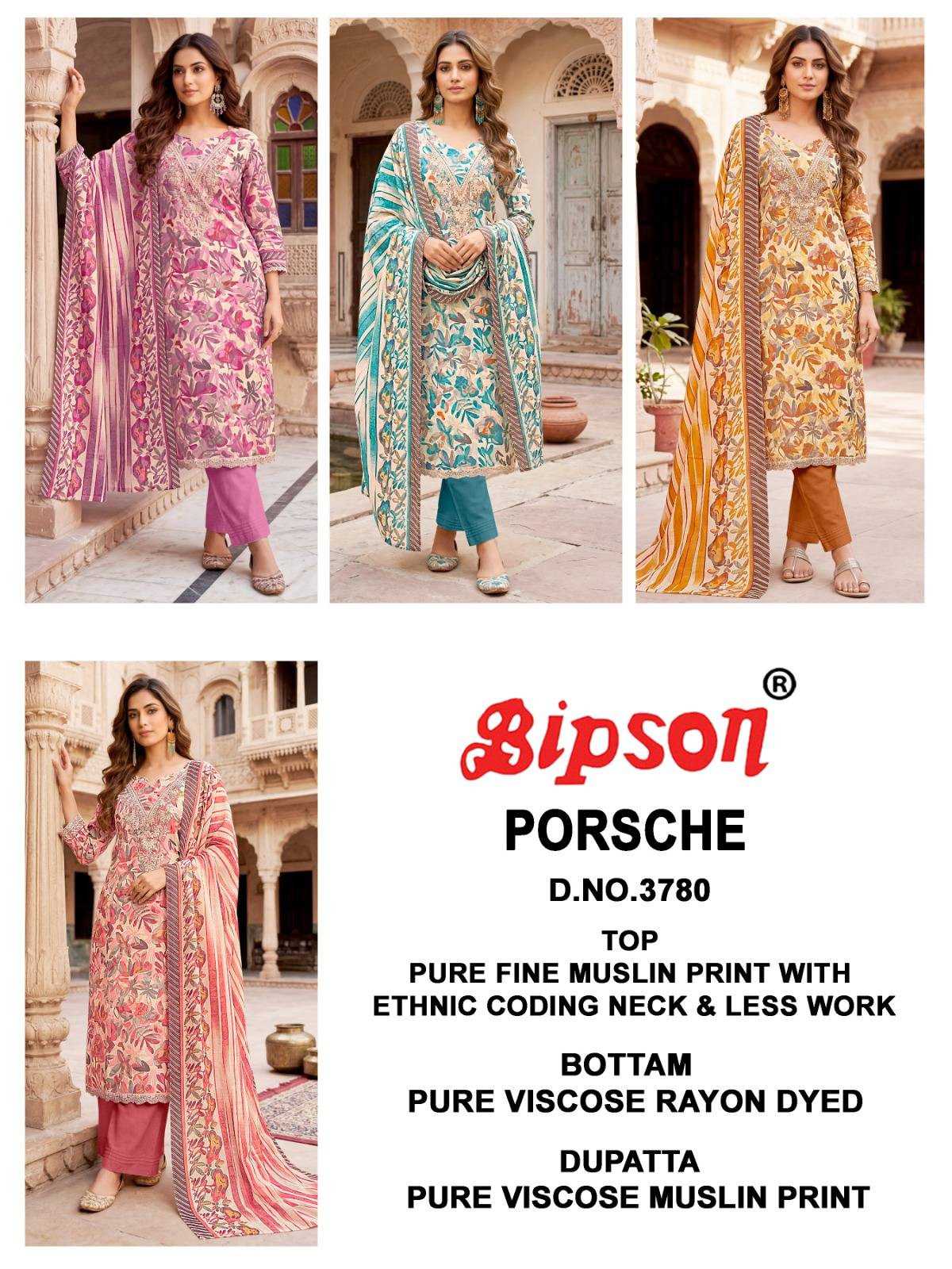 PORSCHE 3780 By BIPSON PRINTS Stylish Beautiful Colourful PREMIUM MUSLIN Dresses At Wholesale Price
